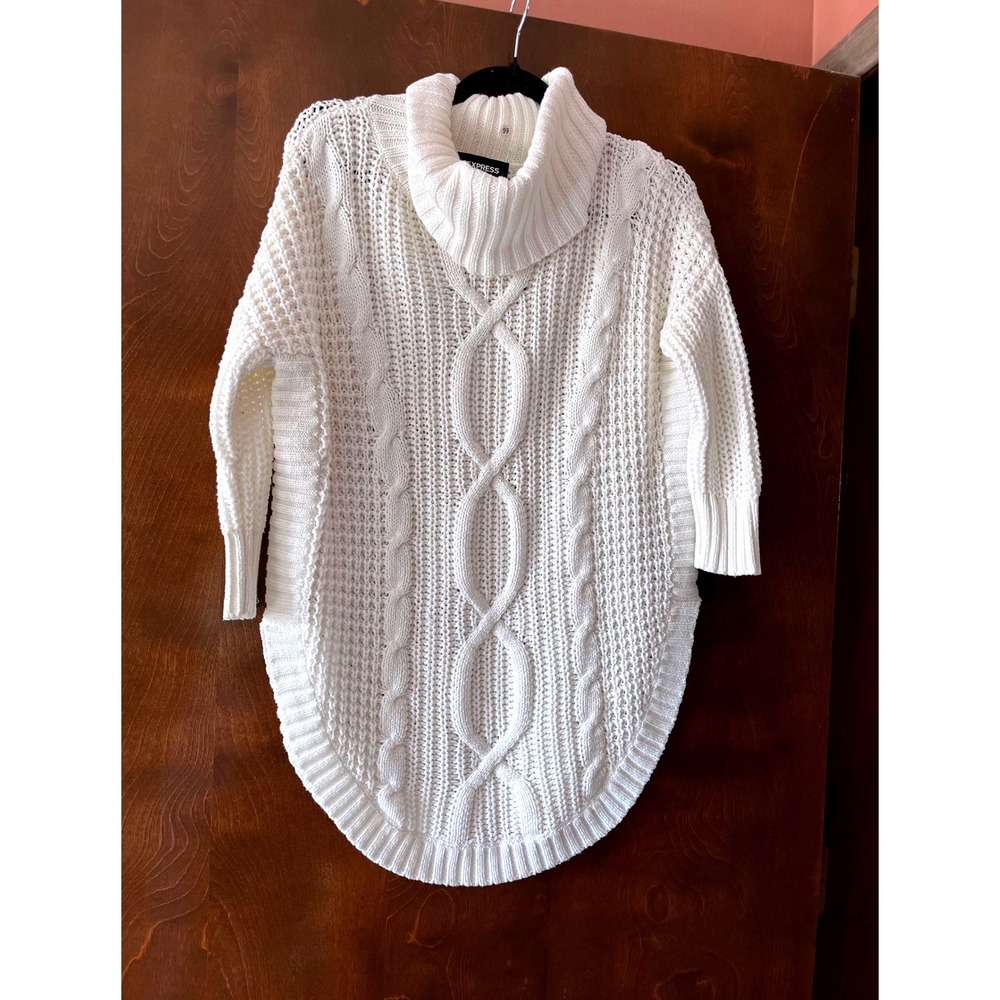 Express White Cable Knit Cowl Neck Oversized‎ Sweater High Low Hem Small S/P EUC